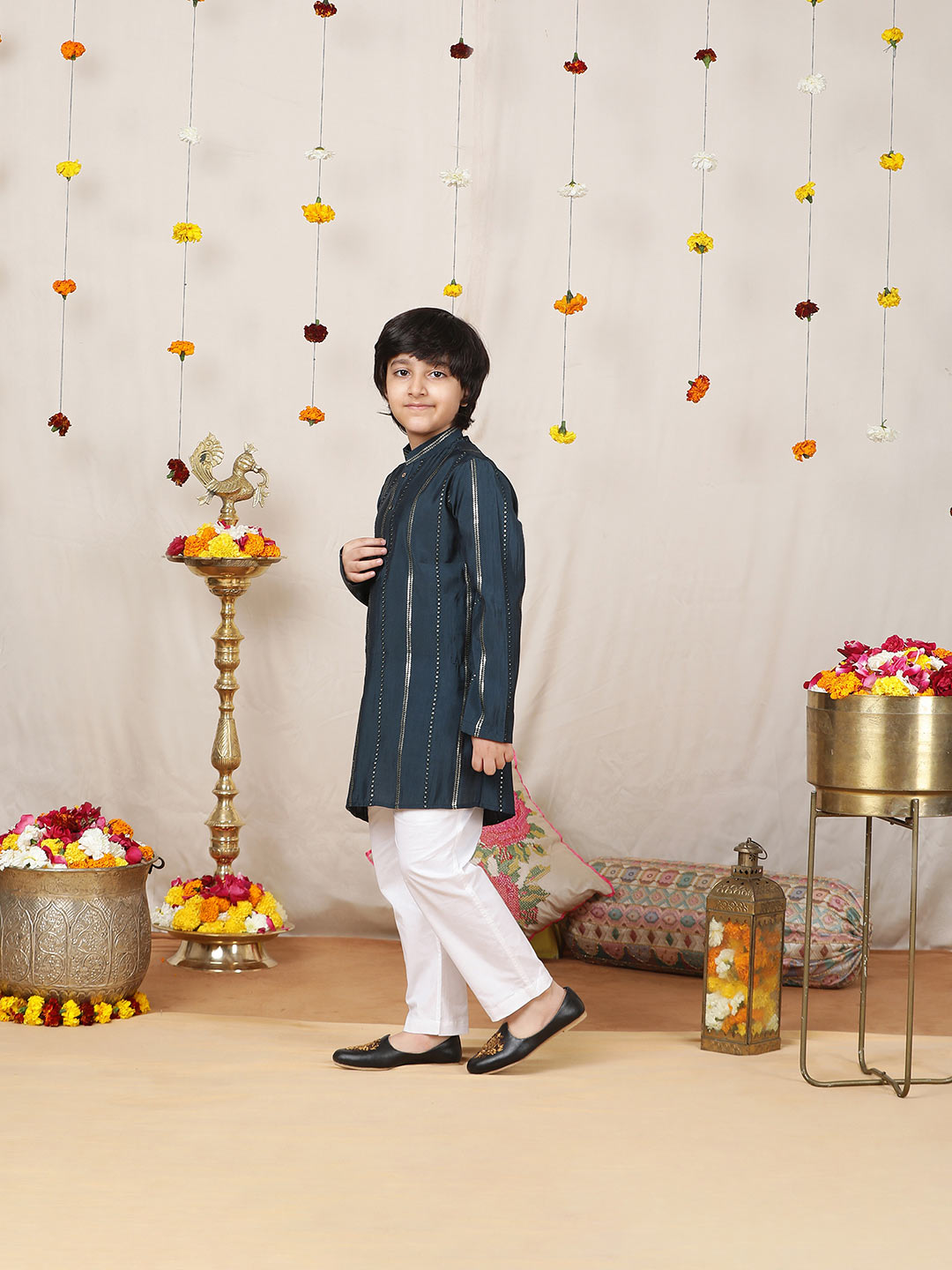 Boy's Prussian Blue Sequins Embroidered Pure Chanderi Silk Straight Kurta with Pyjama