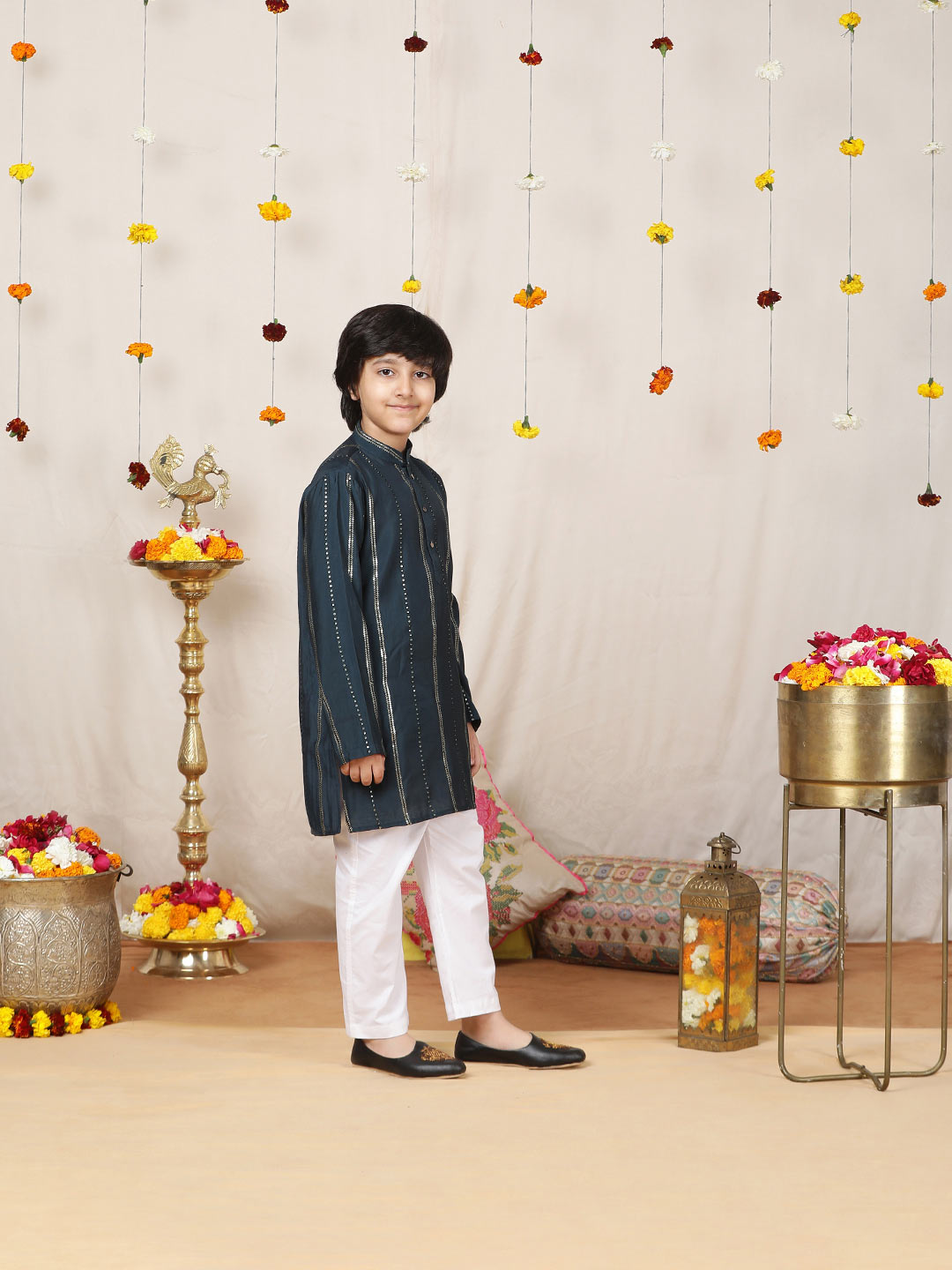 Boy's Prussian Blue Sequins Embroidered Pure Chanderi Silk Straight Kurta with Pyjama