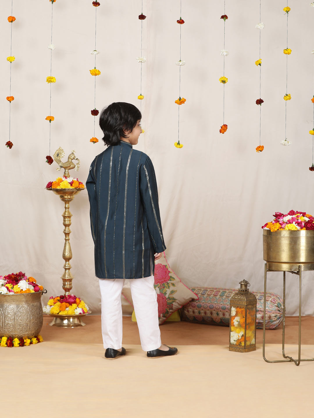 Boy's Prussian Blue Sequins Embroidered Pure Chanderi Silk Straight Kurta with Pyjama