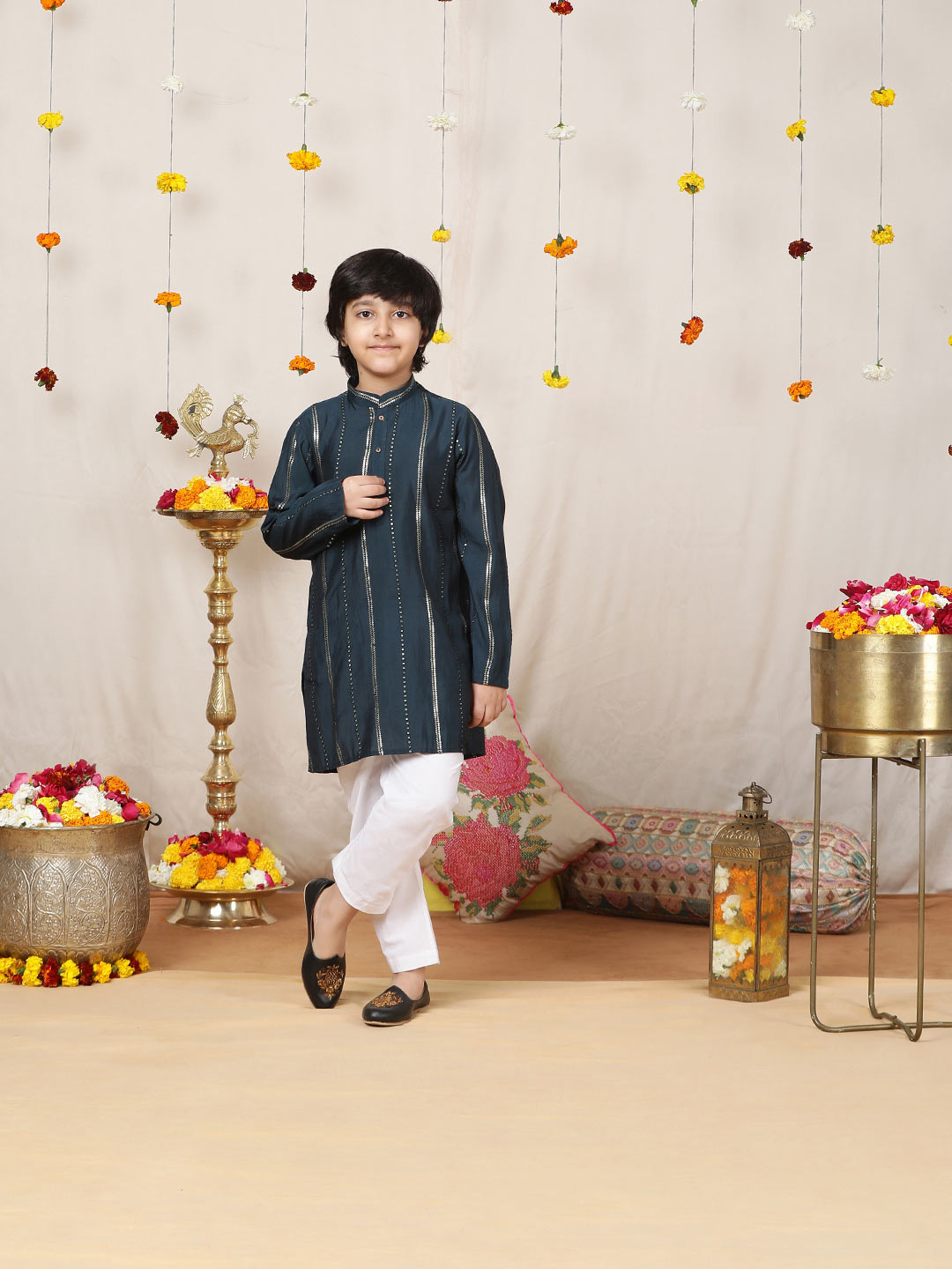 Boy's Prussian Blue Sequins Embroidered Pure Chanderi Silk Straight Kurta