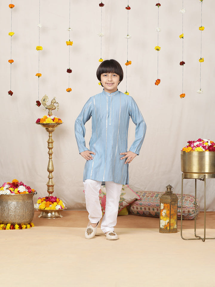 Boy's Blue Sequins Embroidered Pure Chanderi Silk Straight Kurta with Pyjama