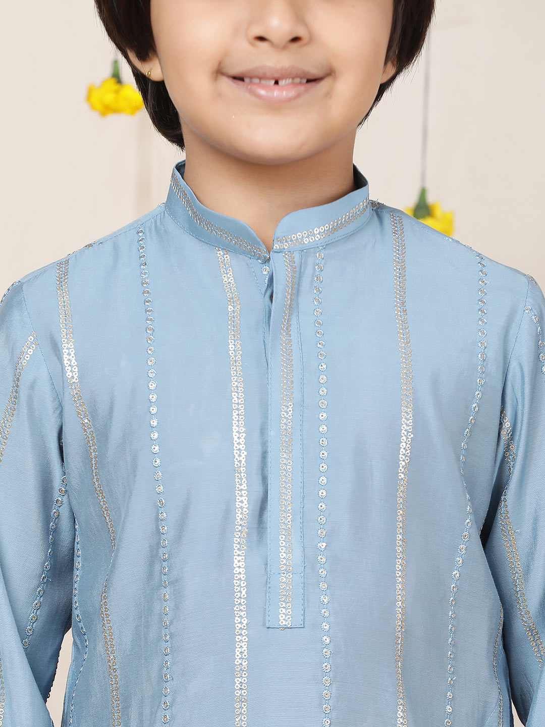 Boy's Blue Sequins Embroidered Pure Chanderi Silk Straight Kurta