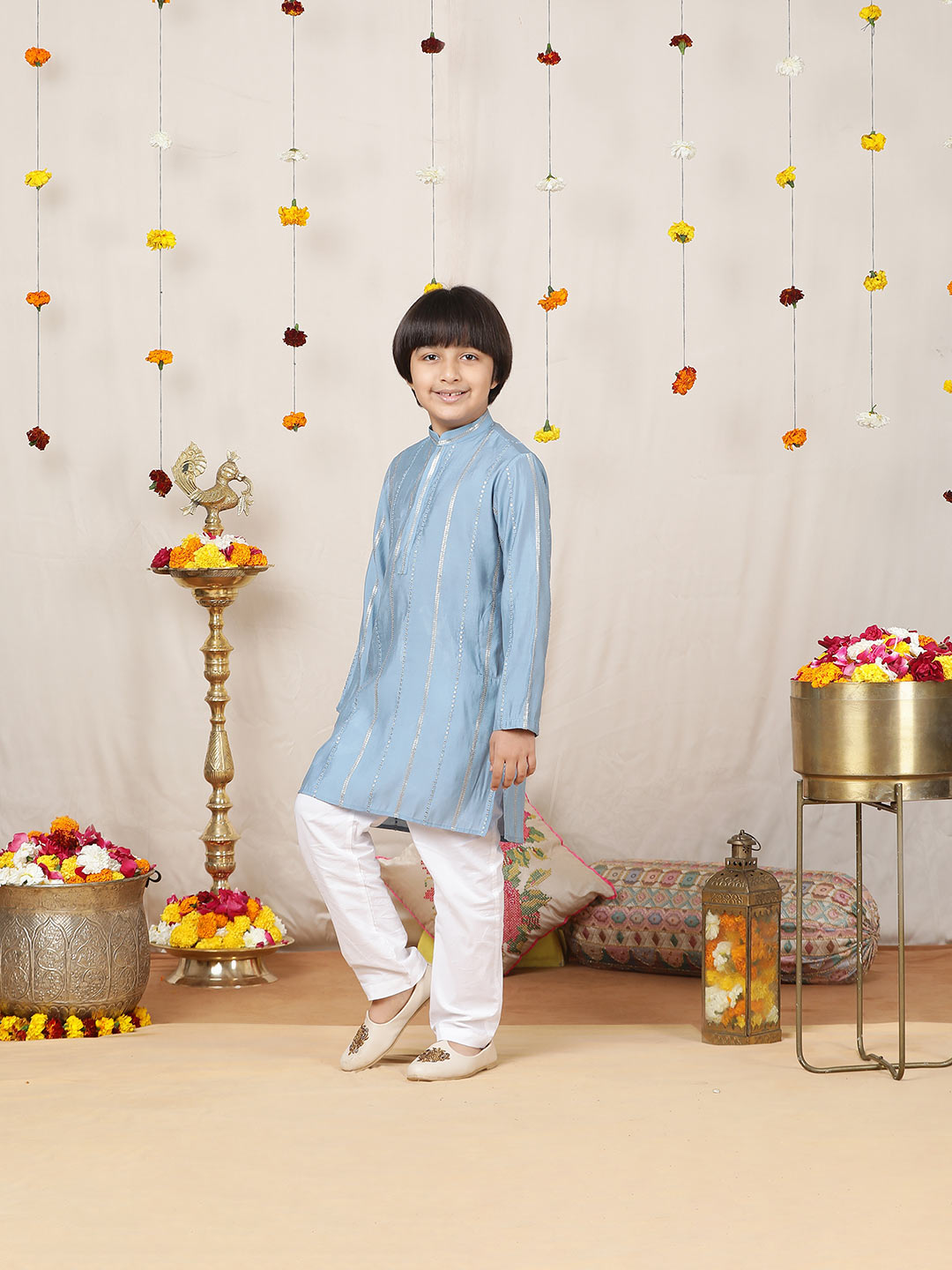 Boy's Blue Sequins Embroidered Pure Chanderi Silk Straight Kurta