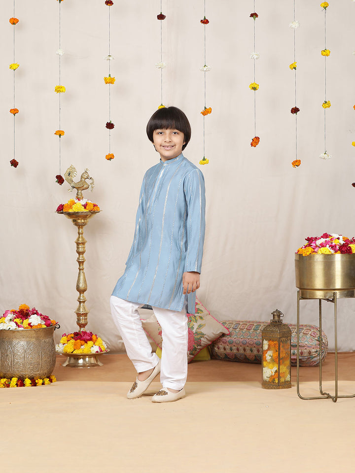 Boy's Blue Sequins Embroidered Pure Chanderi Silk Straight Kurta with Pyjama