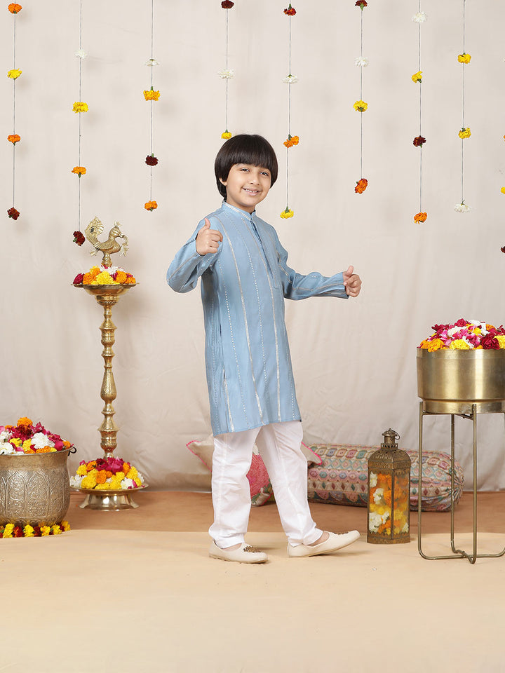 Boy's Blue Sequins Embroidered Pure Chanderi Silk Straight Kurta with Pyjama