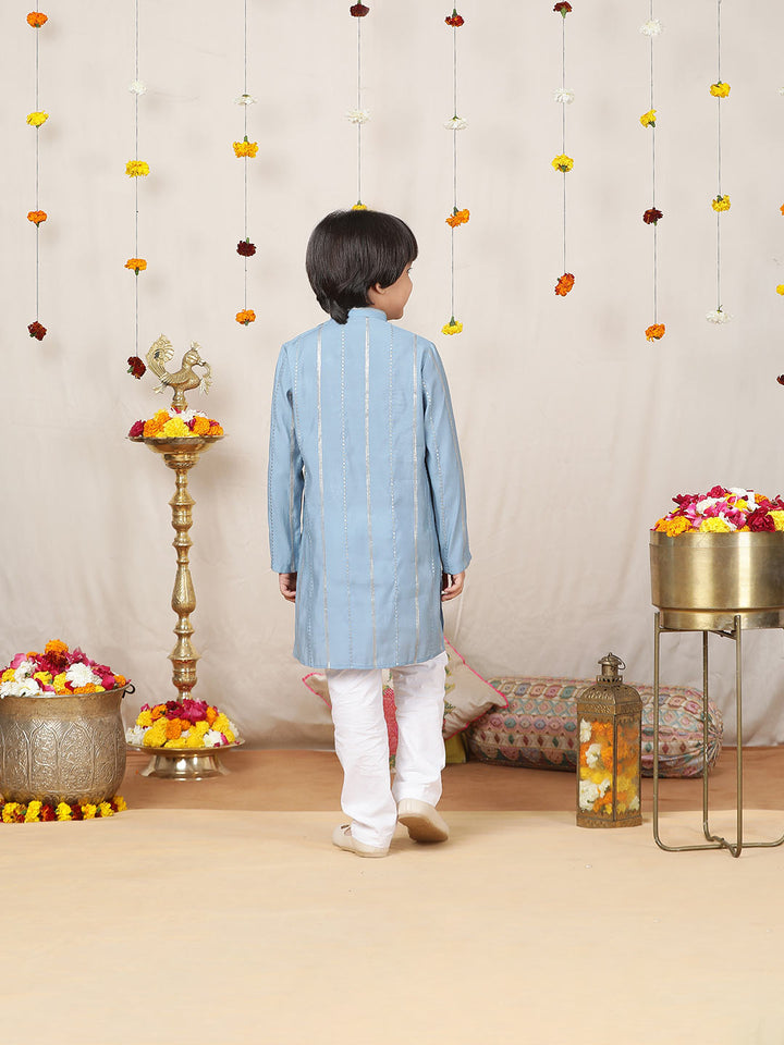 Boy's Blue Sequins Embroidered Pure Chanderi Silk Straight Kurta