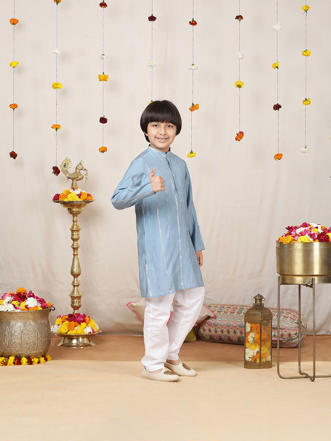 Boy's Blue Sequins Embroidered Pure Chanderi Silk Straight Kurta with Pyjama