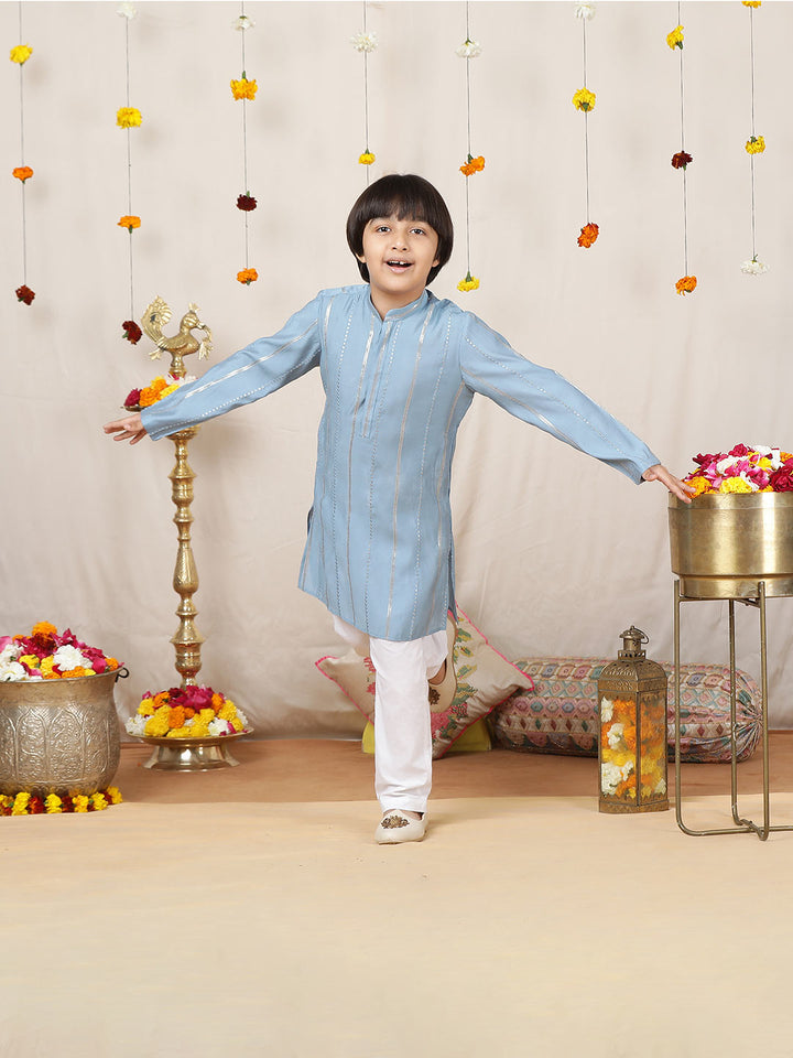 Boy's Blue Sequins Embroidered Pure Chanderi Silk Straight Kurta with Pyjama