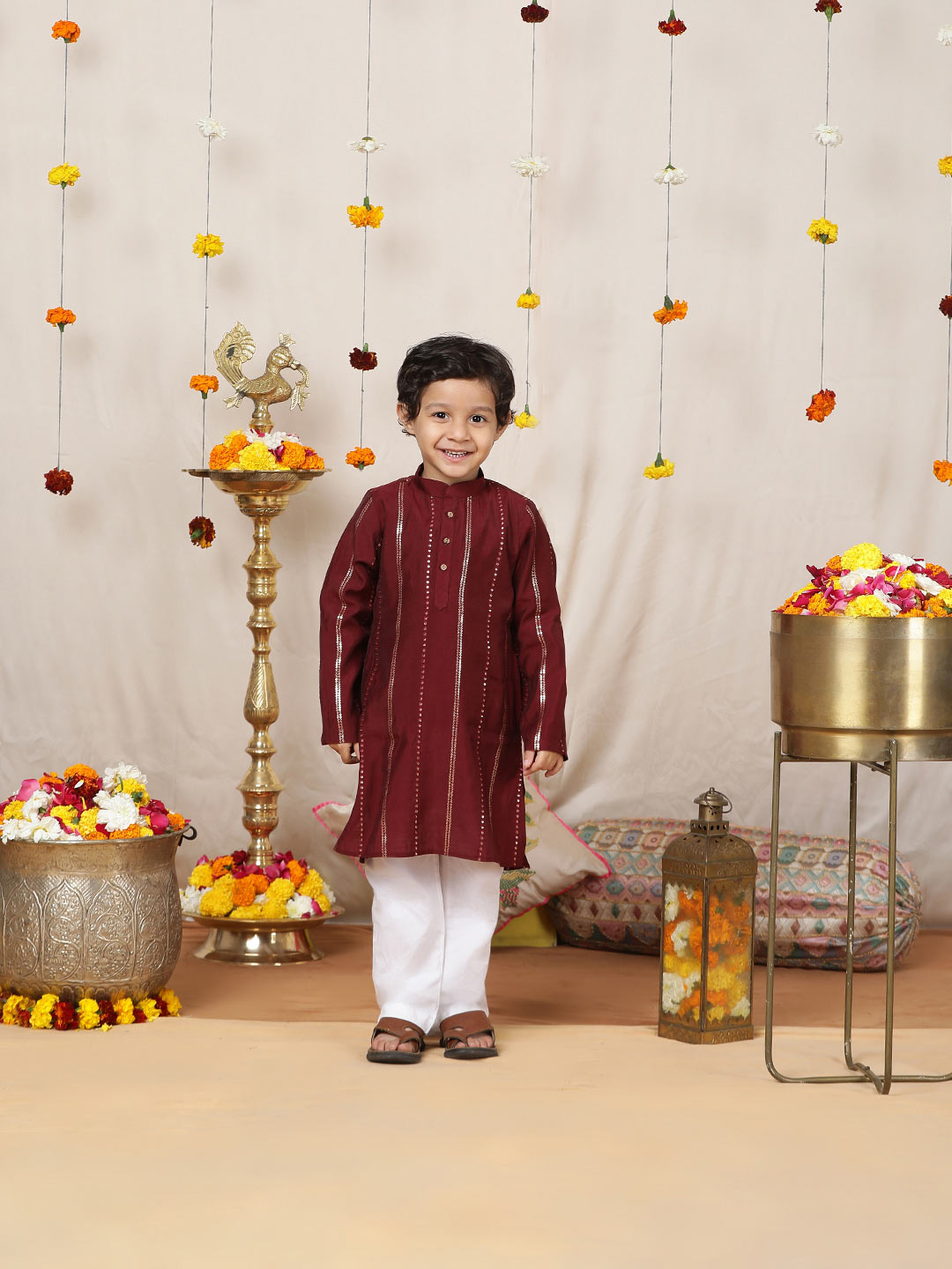 Boy's Maroon Sequins Embroidered Pure Chanderi Silk Straight Kurta with Pyjama