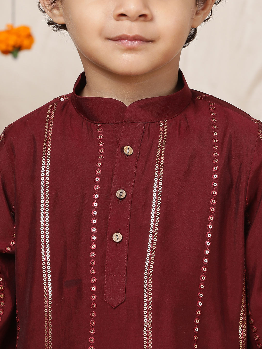 Boy's Maroon Sequins Embroidered Pure Chanderi Silk Straight Kurta with Pyjama