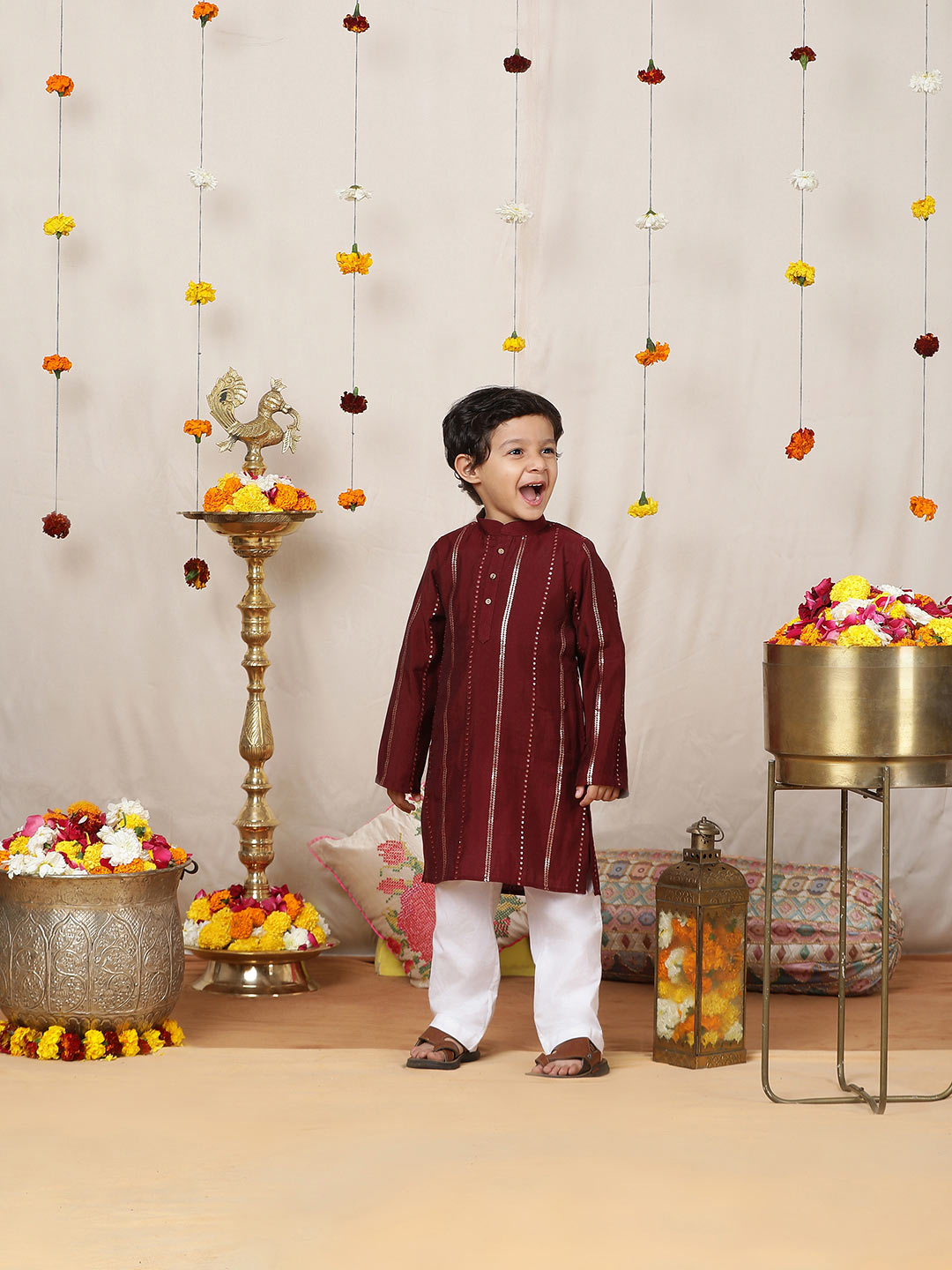 Boy's Maroon Sequins Embroidered Pure Chanderi Silk Straight Kurta with Pyjama