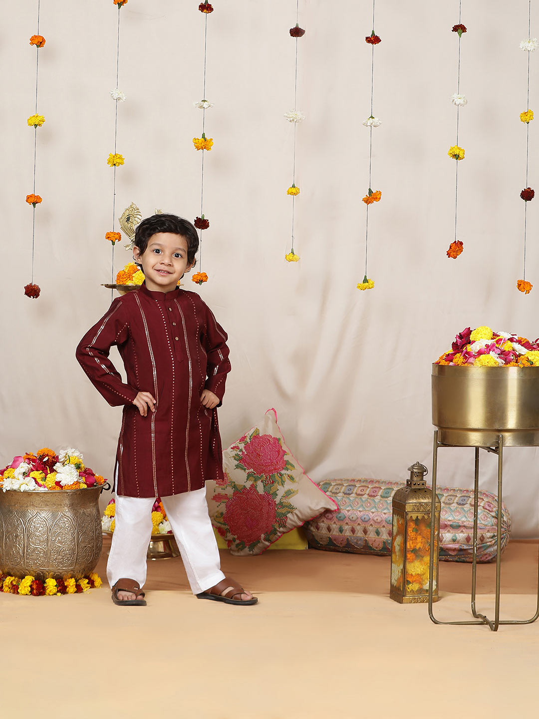 Boy's Maroon Sequins Embroidered Pure Chanderi Silk Straight Kurta with Pyjama