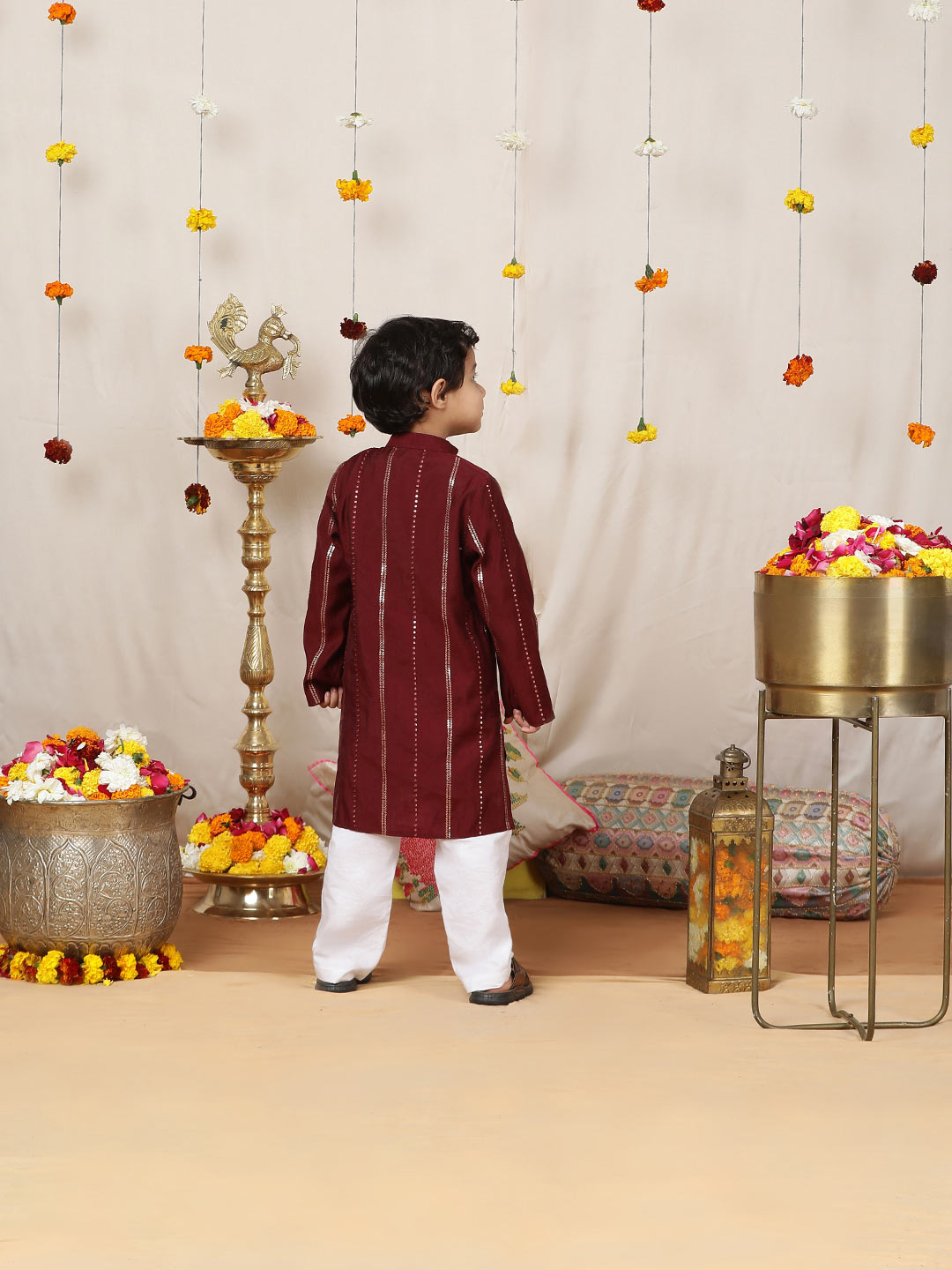 Boy's Maroon Sequins Embroidered Pure Chanderi Silk Straight Kurta