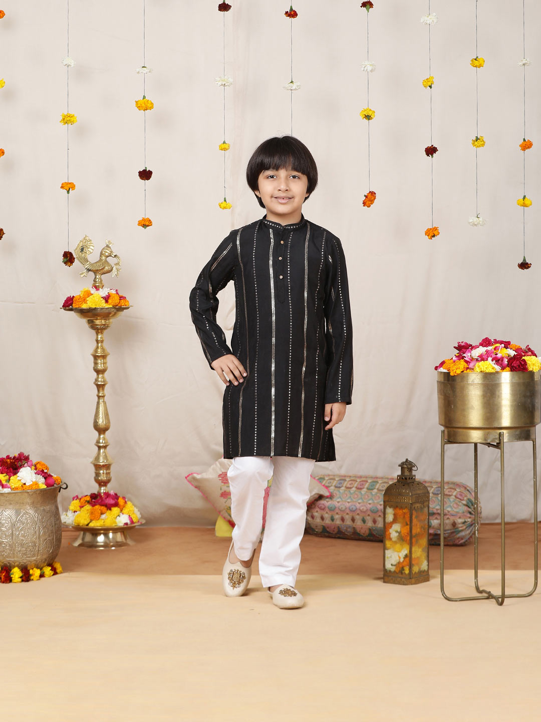 Boy's Black Sequins Embroidered Pure Chanderi Silk Straight Kurta with Pyjama