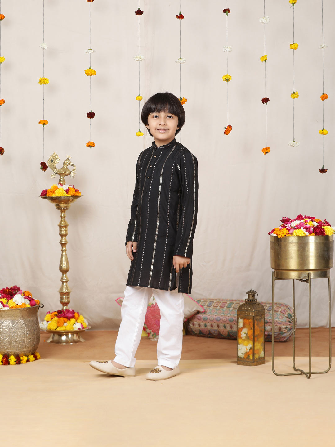 Boy's Black Sequins Embroidered Pure Chanderi Silk Straight Kurta