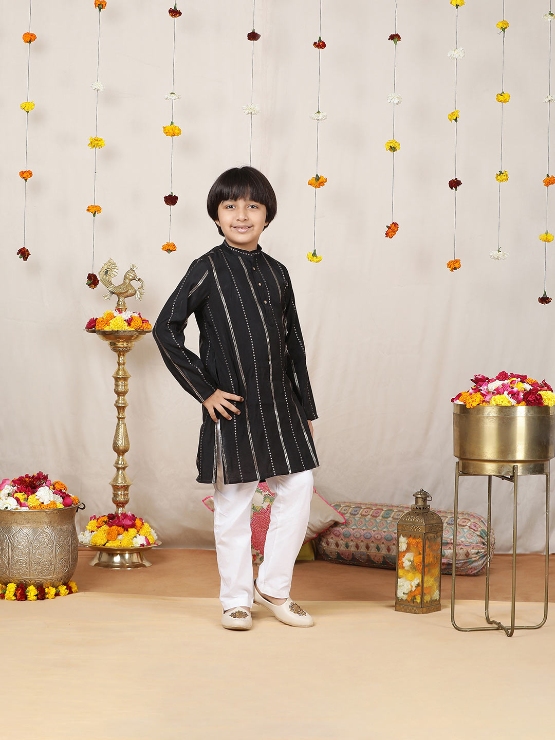 Boy's Black Sequins Embroidered Pure Chanderi Silk Straight Kurta with Pyjama