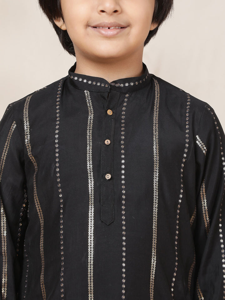 Boy's Black Sequins Embroidered Pure Chanderi Silk Straight Kurta with Pyjama