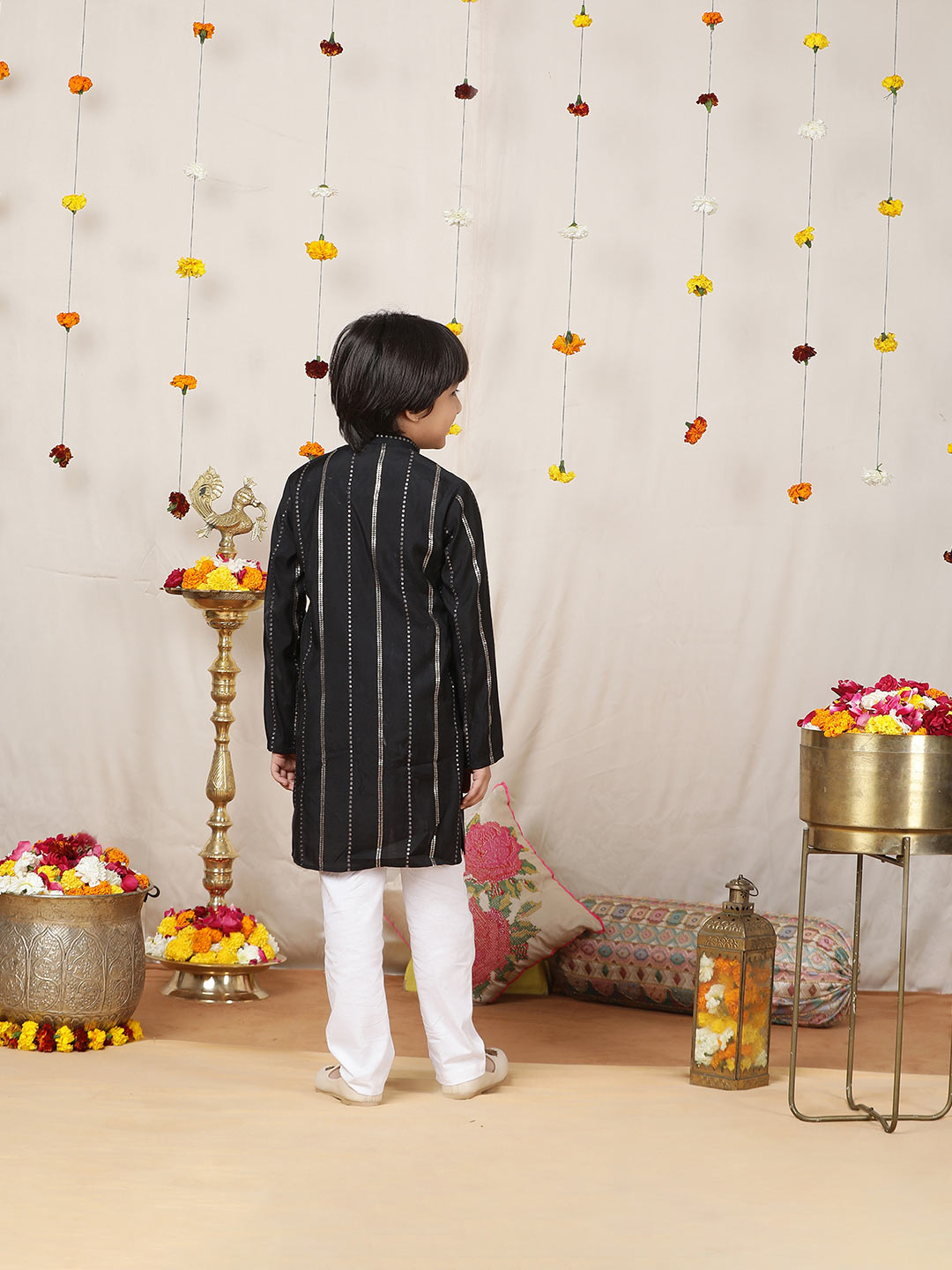 Boy's Black Sequins Embroidered Pure Chanderi Silk Straight Kurta