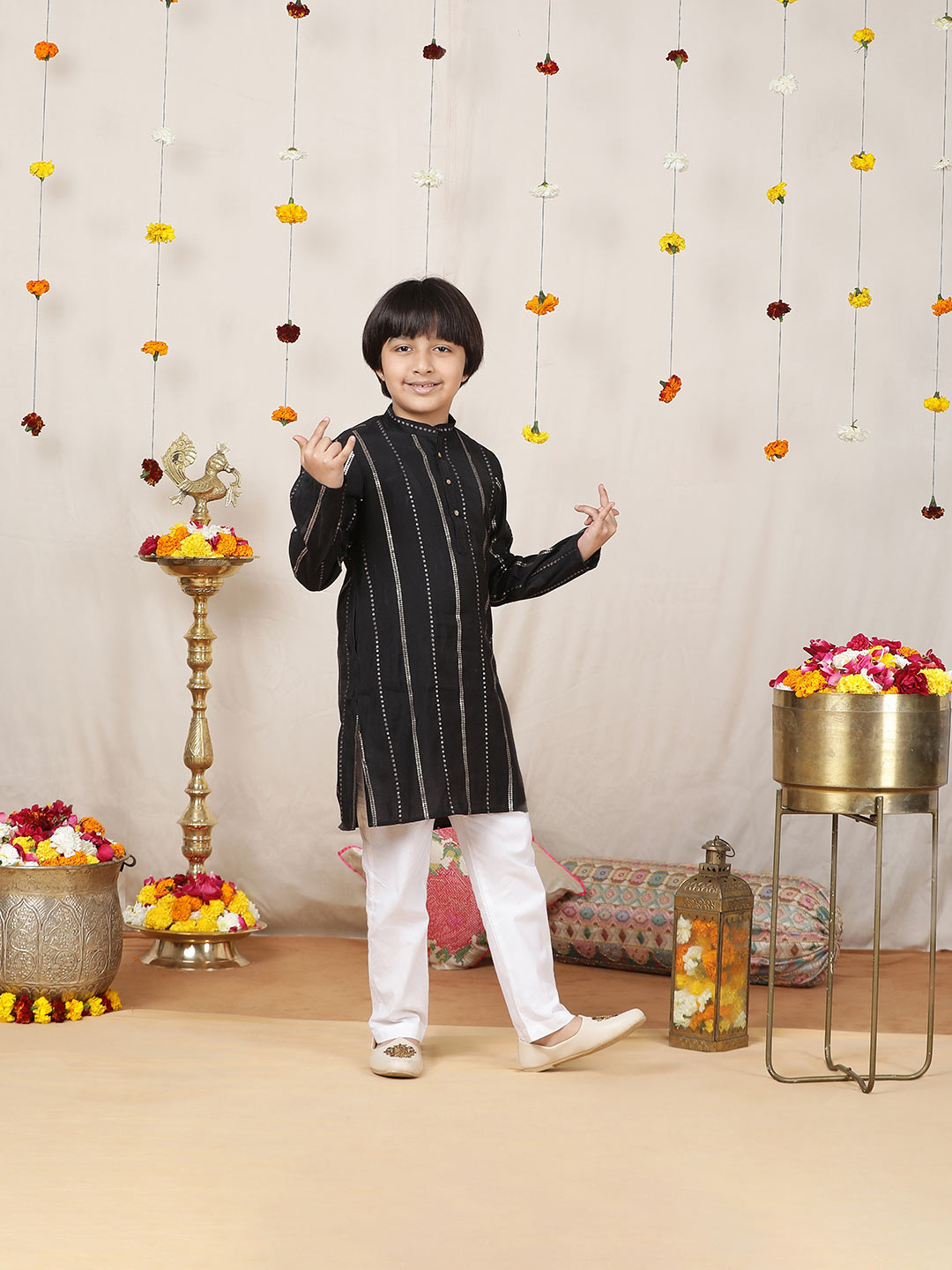 Boy's Black Sequins Embroidered Pure Chanderi Silk Straight Kurta with Pyjama