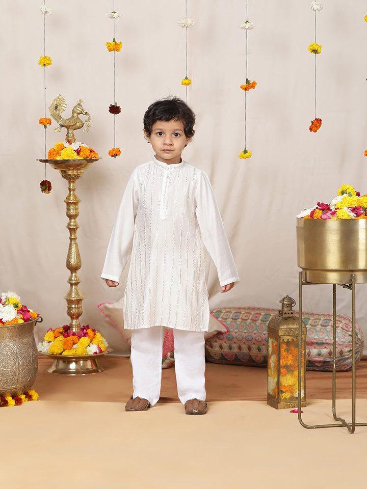 Boy's Off-White Sequined Embroidered Pure Chanderi Silk Straight Kurta