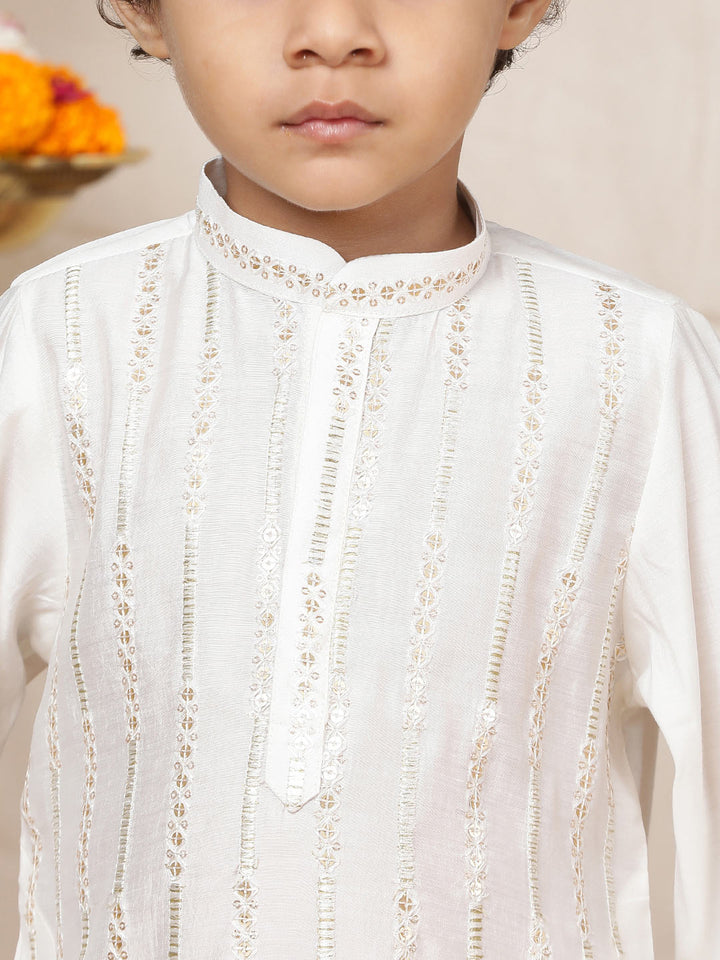 Boy's Off-White Sequined Embroidered Pure Chanderi Silk Straight Kurta with Pyjama