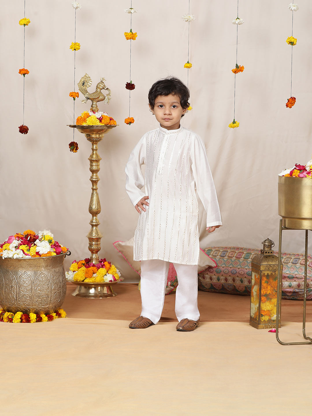 Boy's Off-White Sequined Embroidered Pure Chanderi Silk Straight Kurta with Pyjama