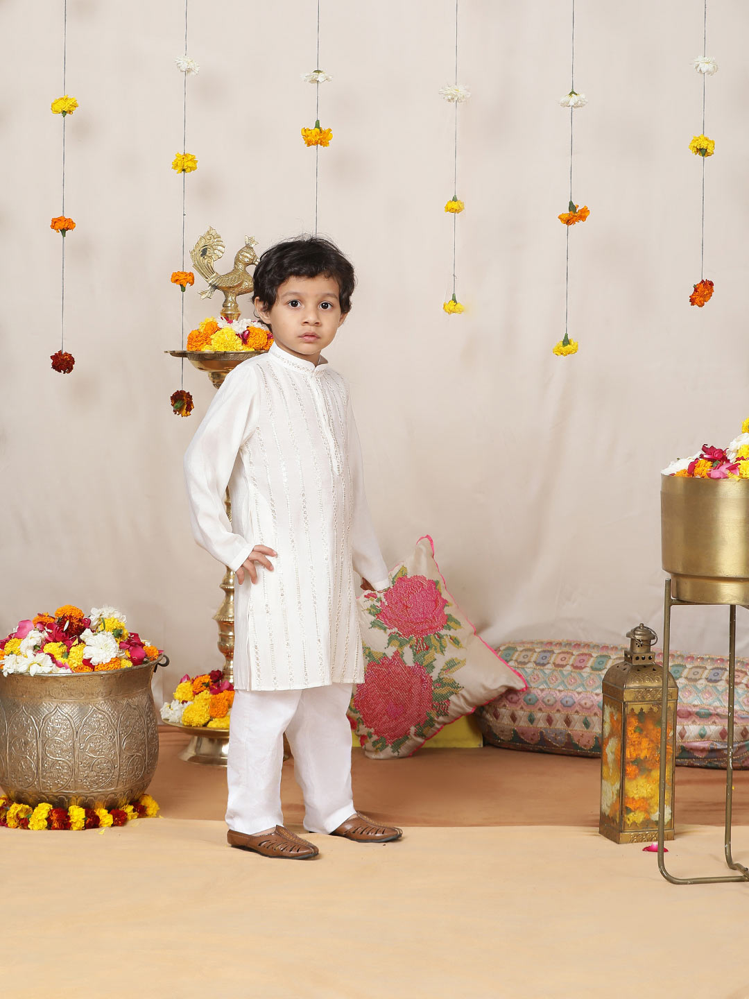 Boy's Off-White Sequined Embroidered Pure Chanderi Silk Straight Kurta