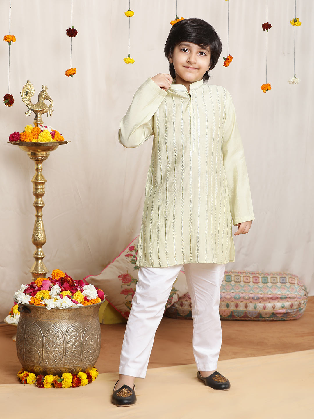 Boy's Pista Green Sequined Embroidered Pure Chanderi Silk Straight Kurta with Pyjama