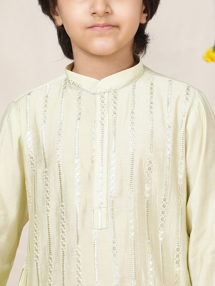 Boy's Pista Green Sequined Embroidered Pure Chanderi Silk Straight Kurta