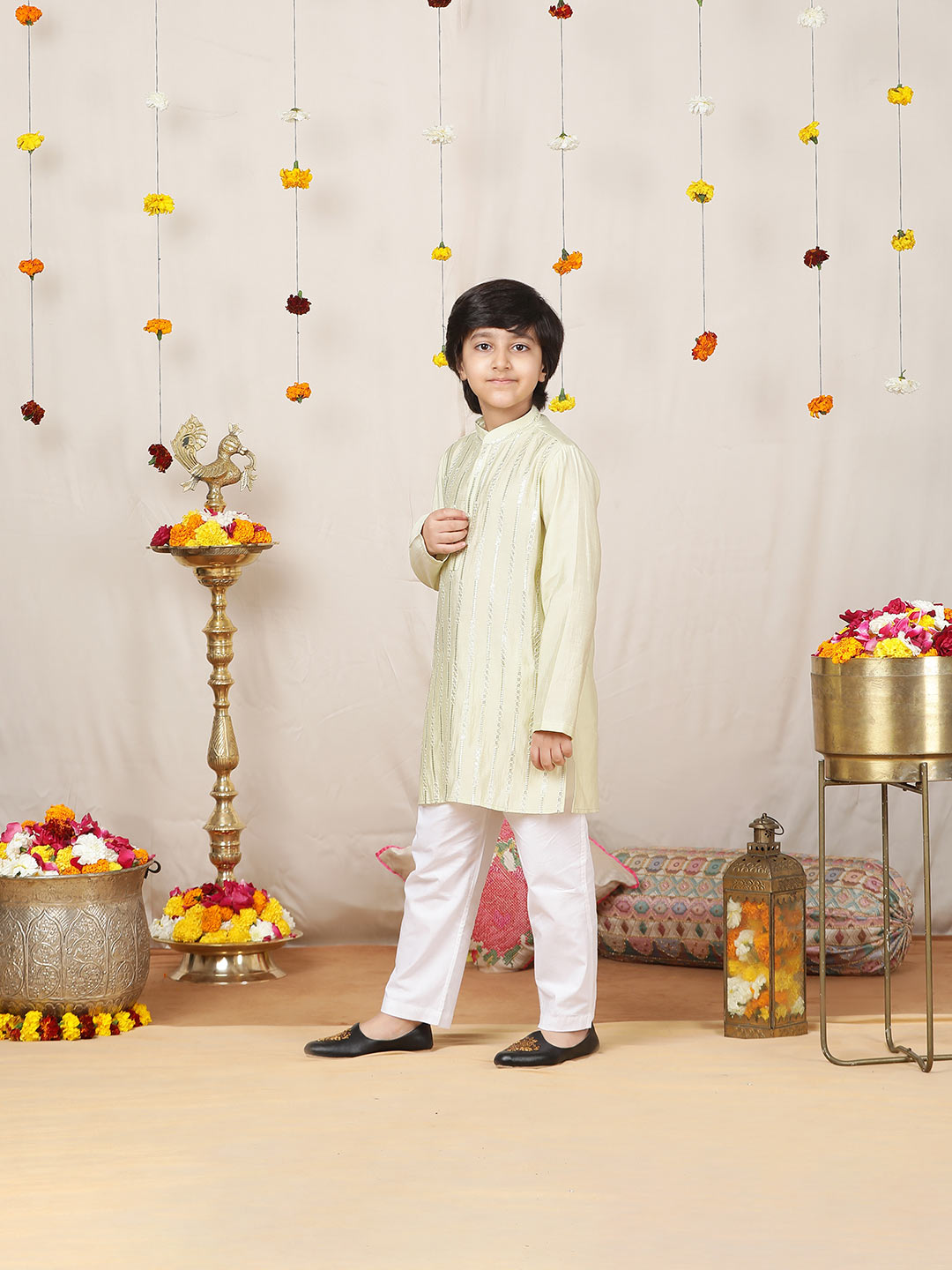 Boy's Pista Green Sequined Embroidered Pure Chanderi Silk Straight Kurta with Pyjama