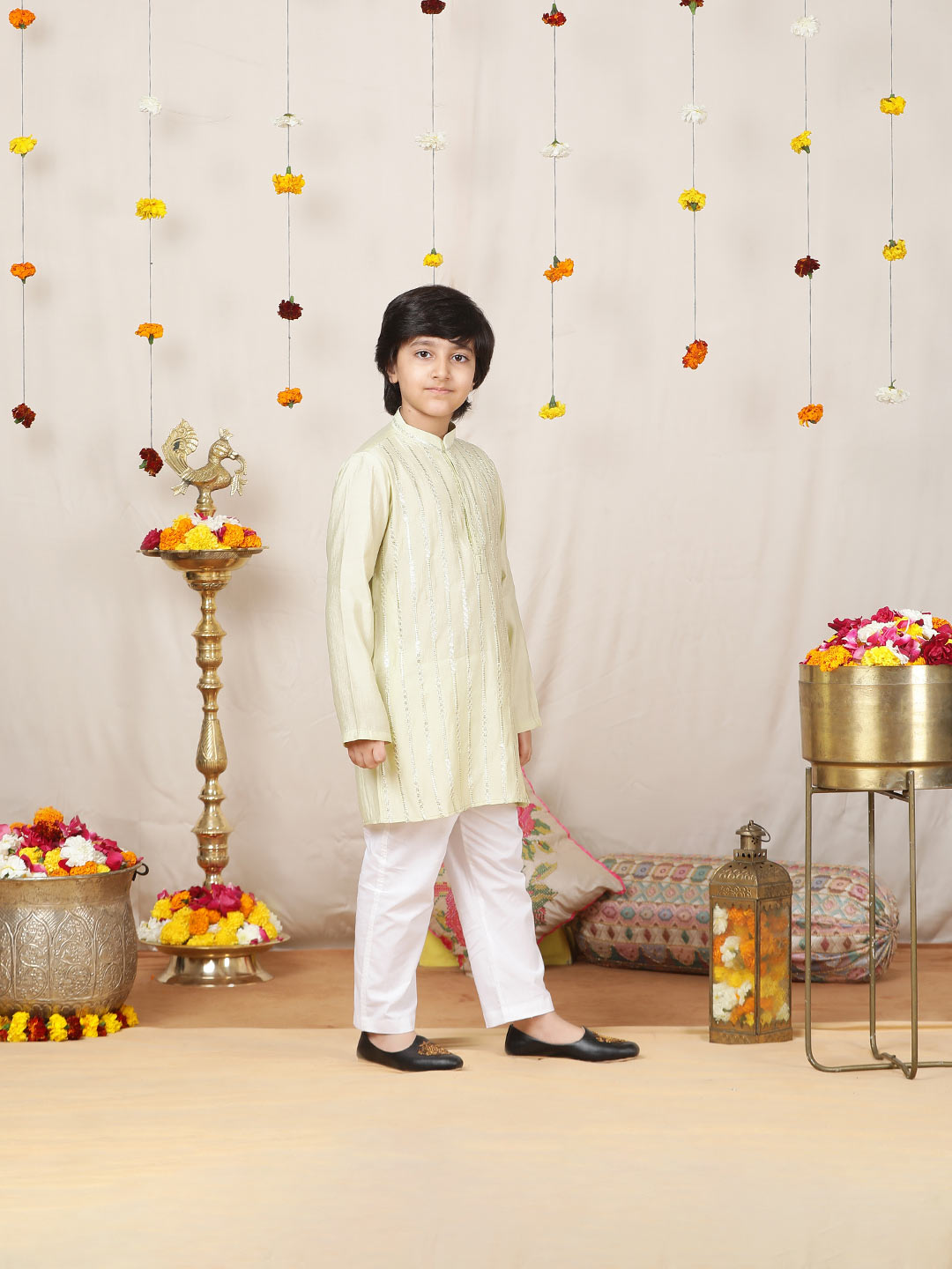 Boy's Pista Green Sequined Embroidered Pure Chanderi Silk Straight Kurta