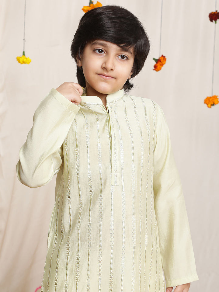 Boy's Pista Green Sequined Embroidered Pure Chanderi Silk Straight Kurta with Pyjama