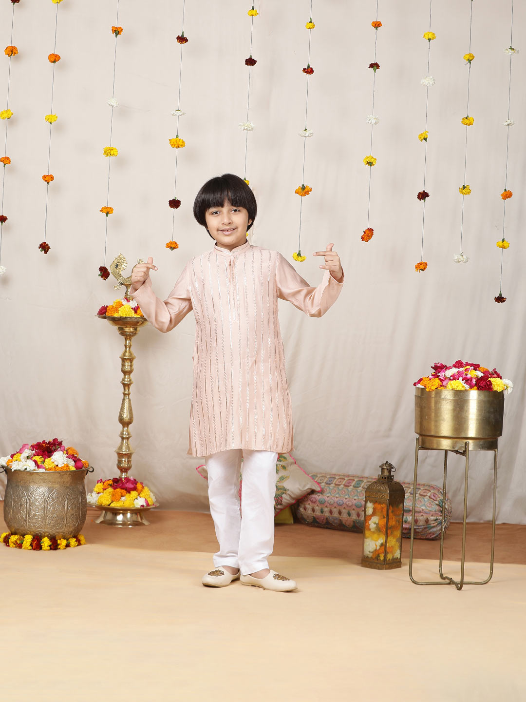 Boy's Pink Sequined Embroidered Pure Chanderi Silk Straight Kurta with Pyjama