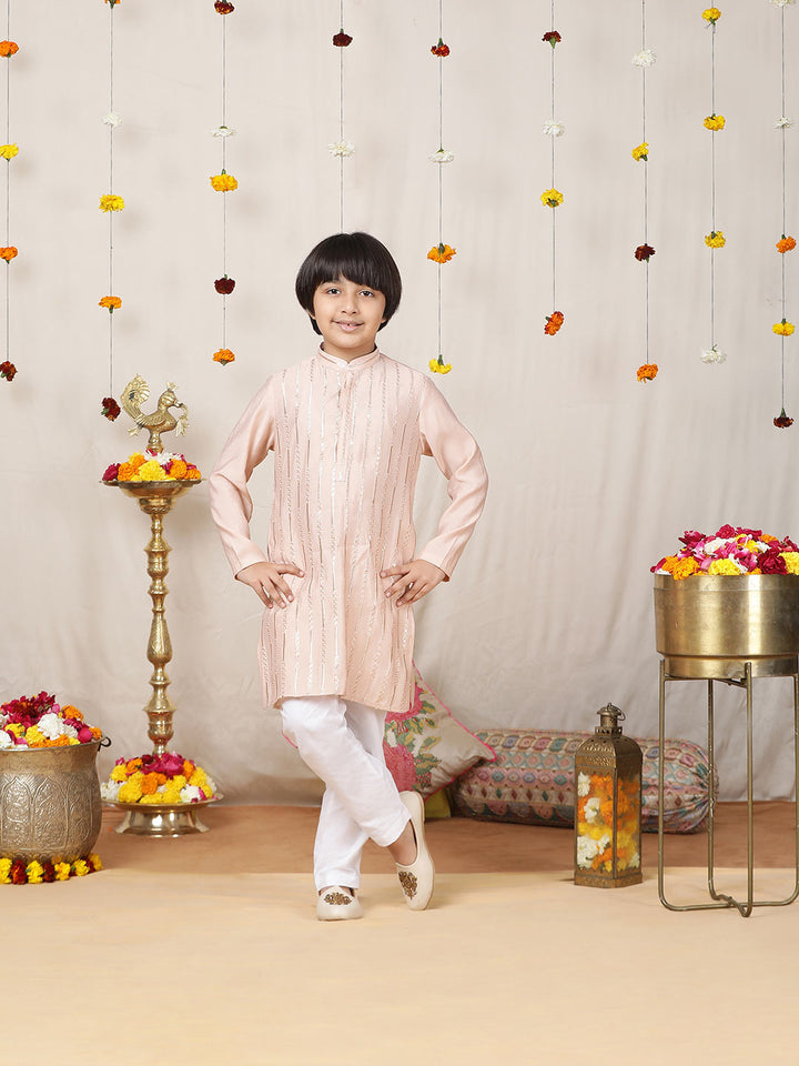 Boy's Pink Sequined Embroidered Pure Chanderi Silk Straight Kurta with Pyjama