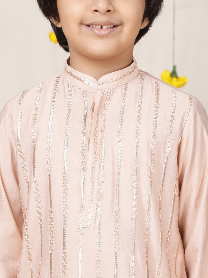 Boy's Pink Sequined Embroidered Pure Chanderi Silk Straight Kurta with Pyjama