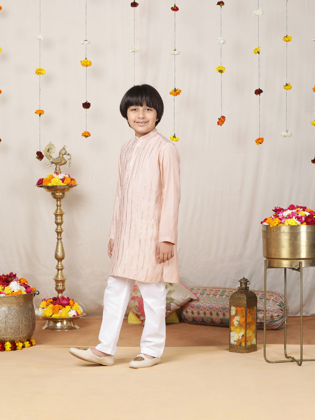 Boy's Pink Sequined Embroidered Pure Chanderi Silk Straight Kurta with Pyjama