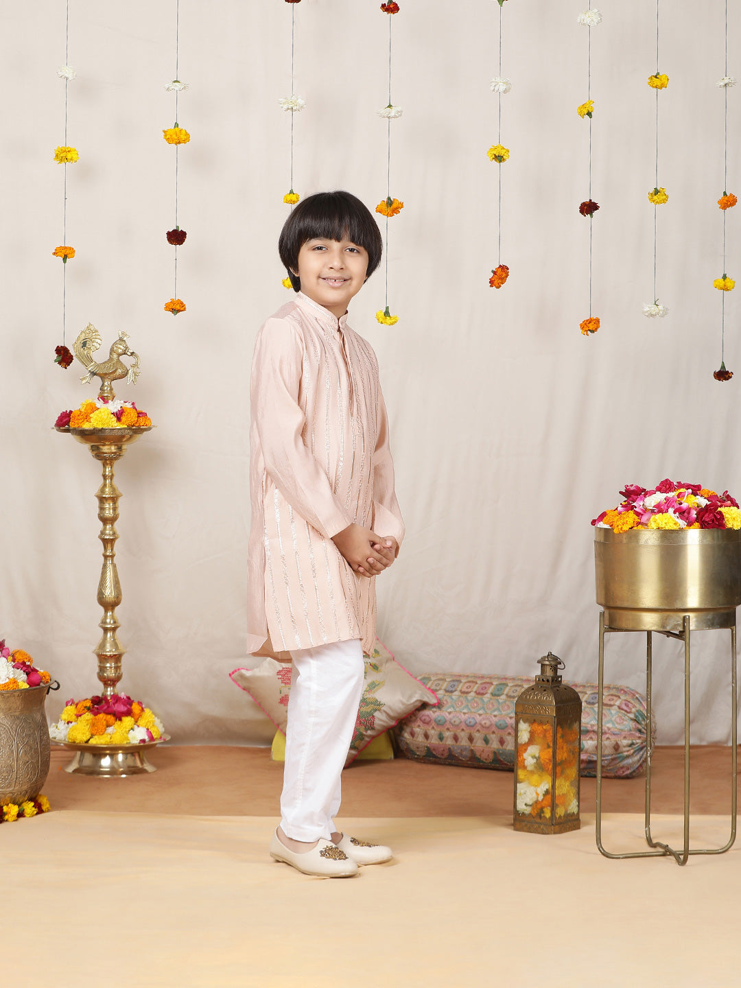 Boy's Pink Sequined Embroidered Pure Chanderi Silk Straight Kurta with Pyjama