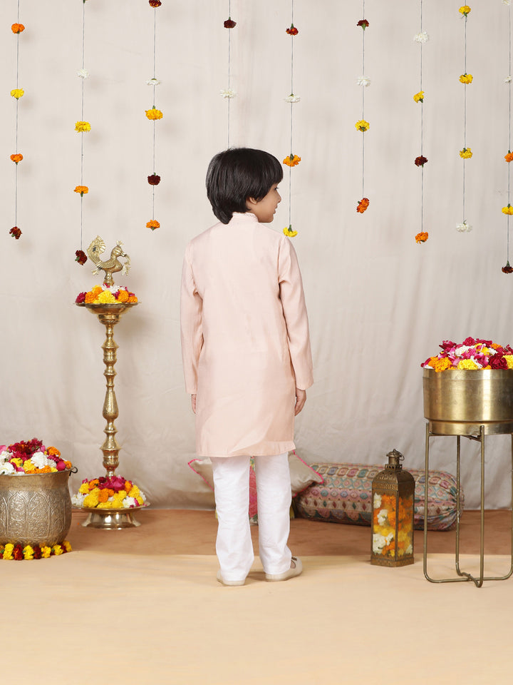 Boy's Pink Sequined Embroidered Pure Chanderi Silk Straight Kurta with Pyjama