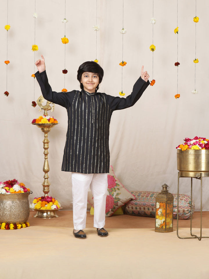 Boy's Black Sequined Embroidered Pure Chanderi Silk Straight Kurta with Pyjama