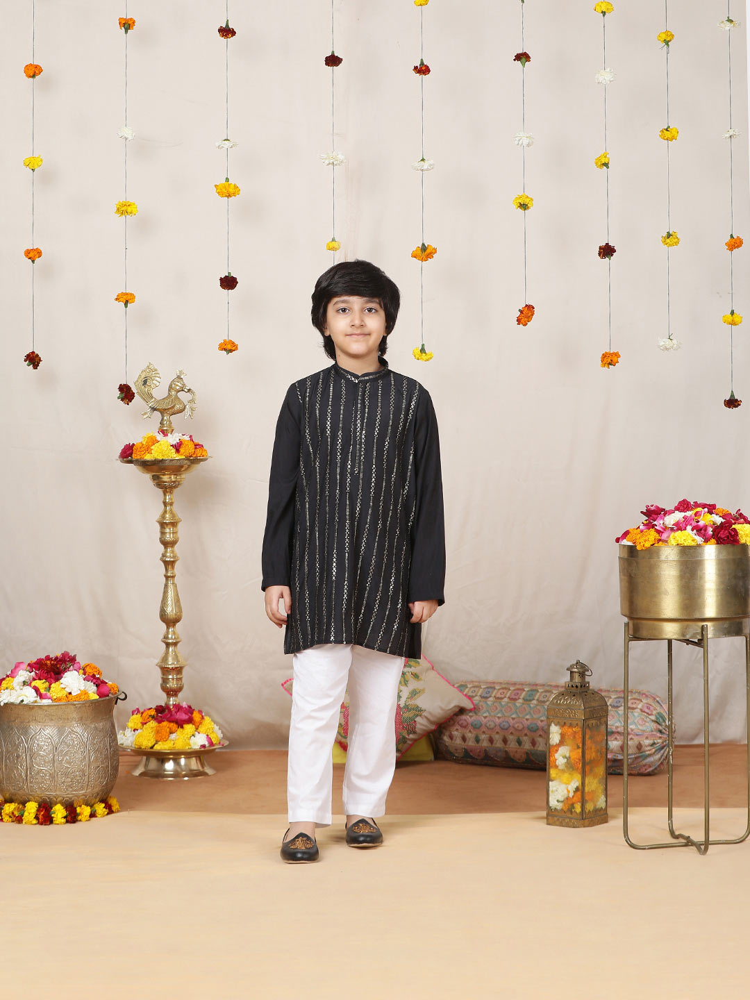 Boy's Black Sequined Embroidered Pure Chanderi Silk Straight Kurta with Pyjama