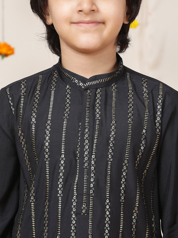 Boy's Black Sequined Embroidered Pure Chanderi Silk Straight Kurta with Pyjama