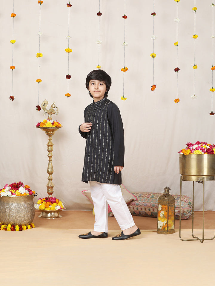 Boy's Black Sequined Embroidered Pure Chanderi Silk Straight Kurta with Pyjama