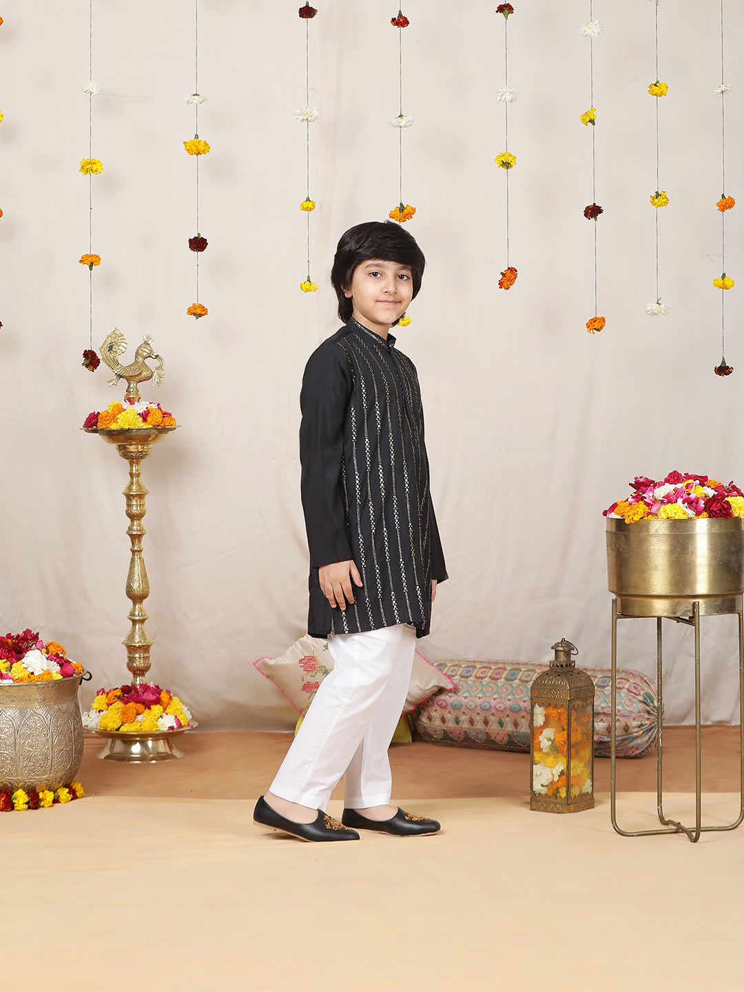 Boy's Black Sequined Embroidered Pure Chanderi Silk Straight Kurta with Pyjama