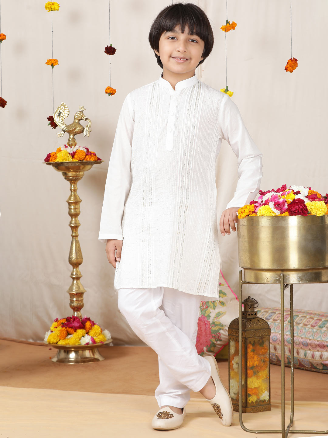 Boy's White Sequined Embroidered and Gota worked Pure Cotton Straight Kurta