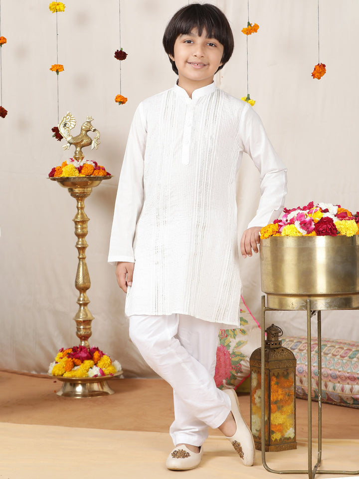 Boy's White Sequined Embroidered and Gota worked Pure Cotton Straight Kurta with Pyjama