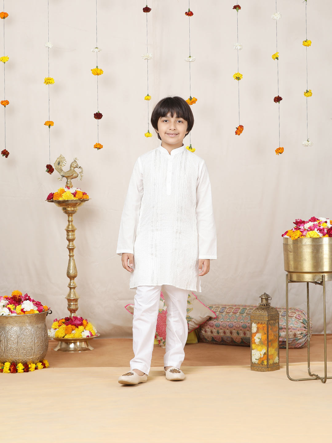 Boy's White Sequined Embroidered and Gota worked Pure Cotton Straight Kurta