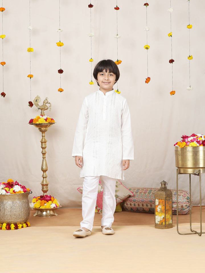 Boy's White Sequined Embroidered and Gota worked Pure Cotton Straight Kurta with Pyjama