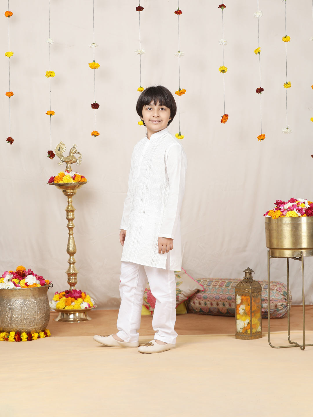 Boy's White Sequined Embroidered and Gota worked Pure Cotton Straight Kurta with Pyjama