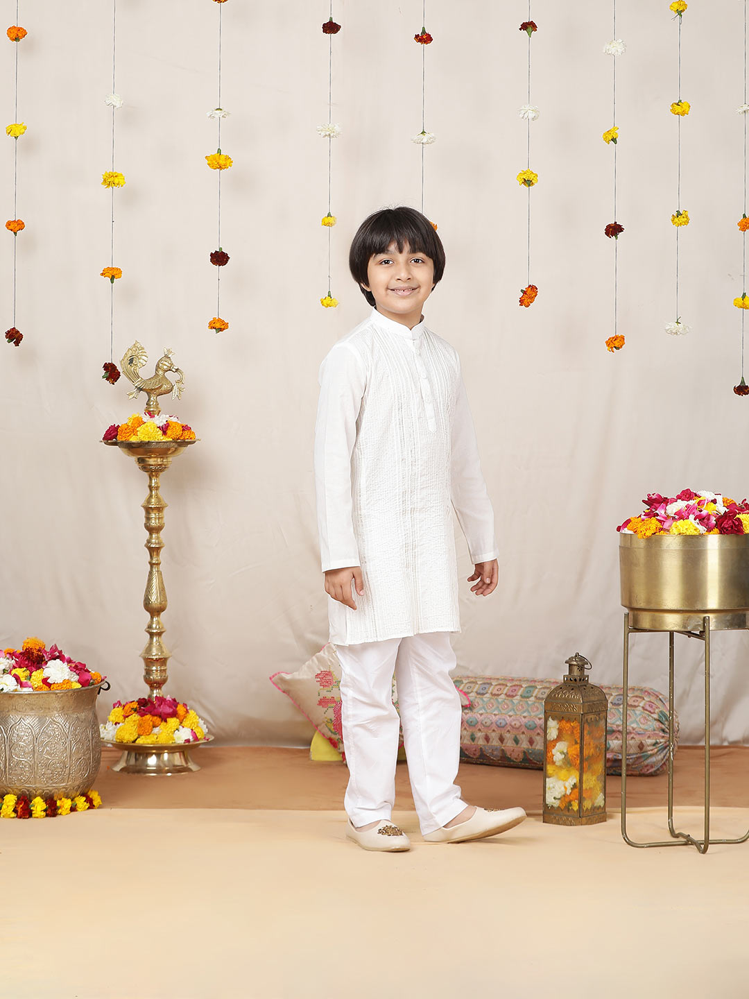 Boy's White Sequined Embroidered and Gota worked Pure Cotton Straight Kurta with Pyjama