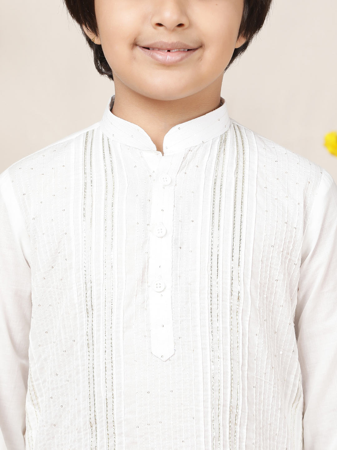 Boy's White Sequined Embroidered and Gota worked Pure Cotton Straight Kurta with Pyjama